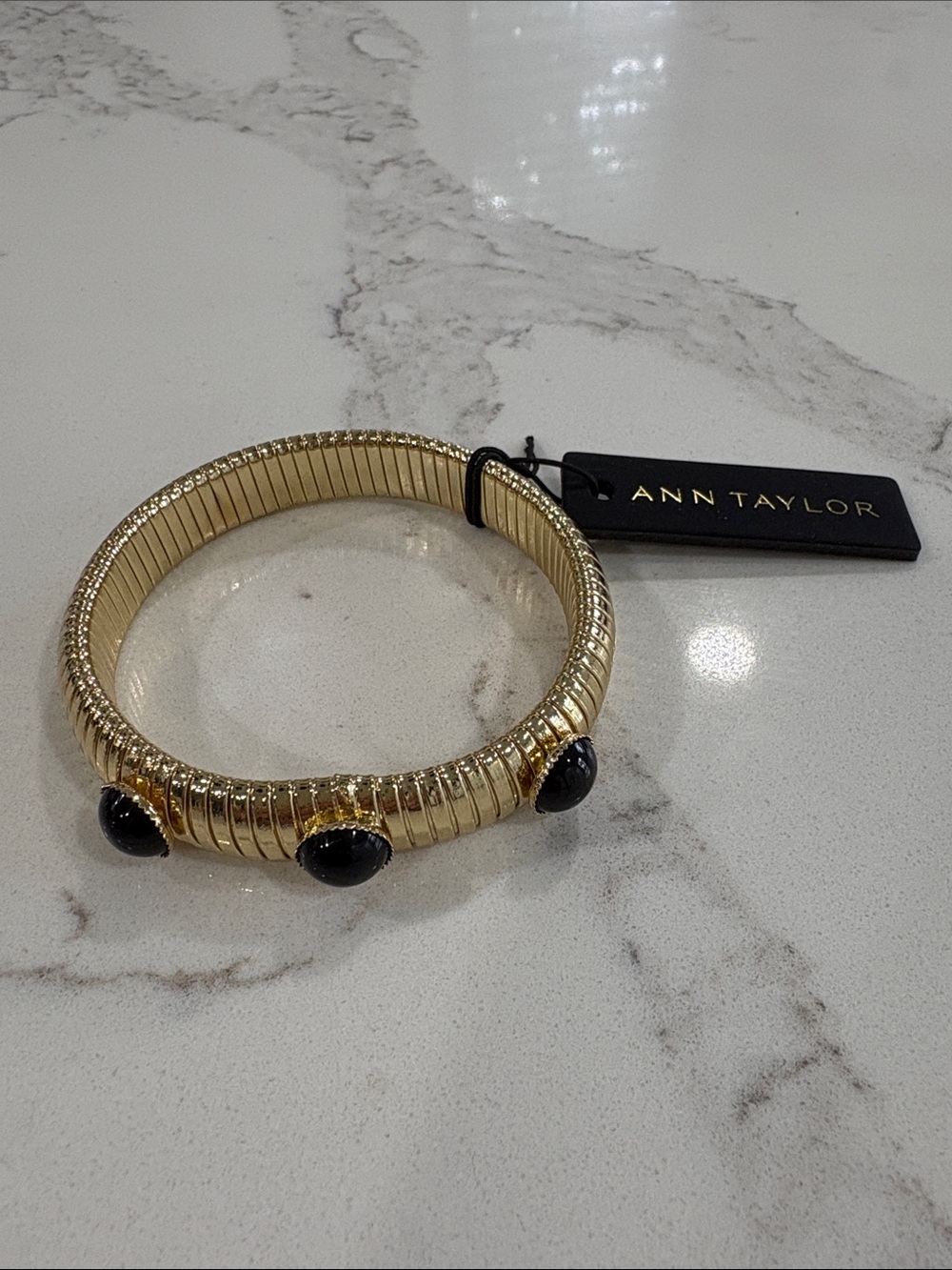 Ann Taylor Gold Stretch Bracelet with Black Stone Cabochons